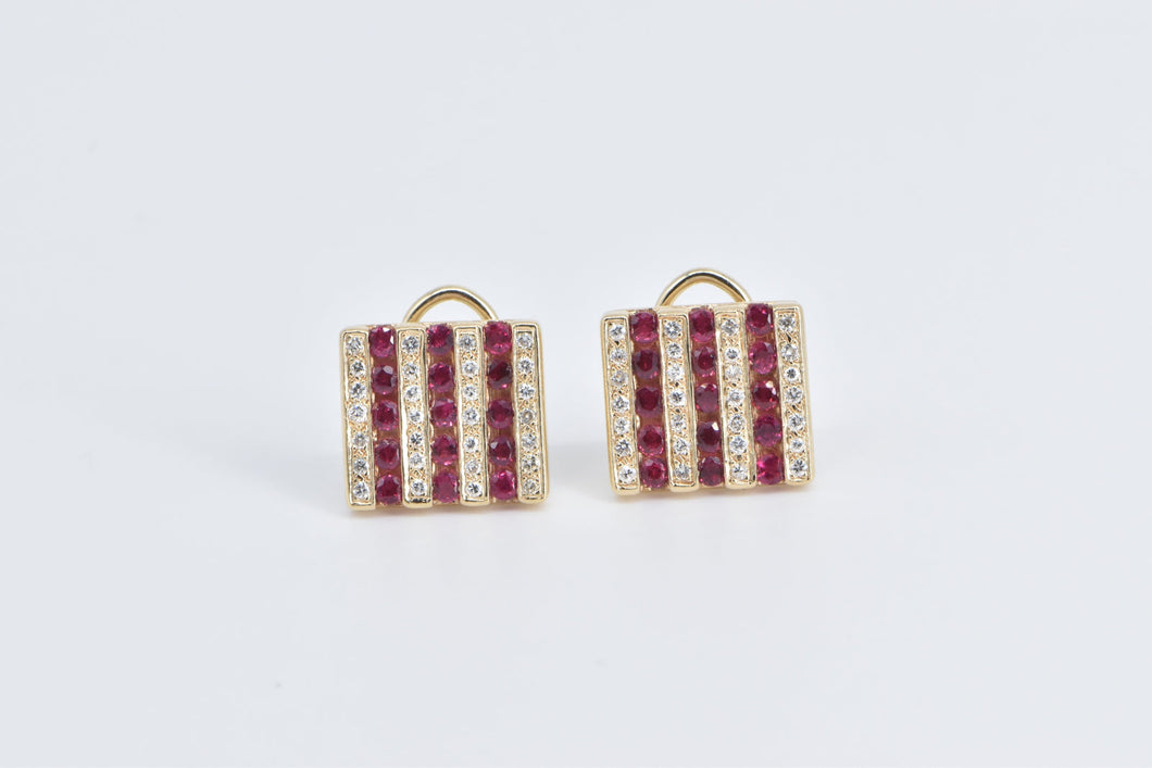 14K Diamond Ruby Vintage Striped Statement Square Earrings Yellow Gold