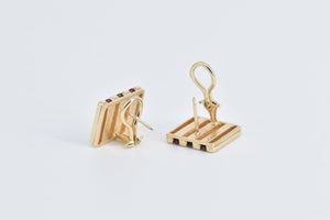 14K Diamond Ruby Vintage Striped Statement Square Earrings Yellow Gold