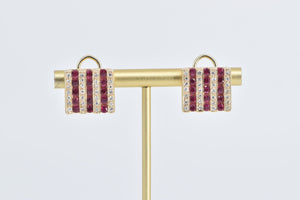 14K Diamond Ruby Vintage Striped Statement Square Earrings Yellow Gold