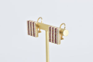 14K Diamond Ruby Vintage Striped Statement Square Earrings Yellow Gold