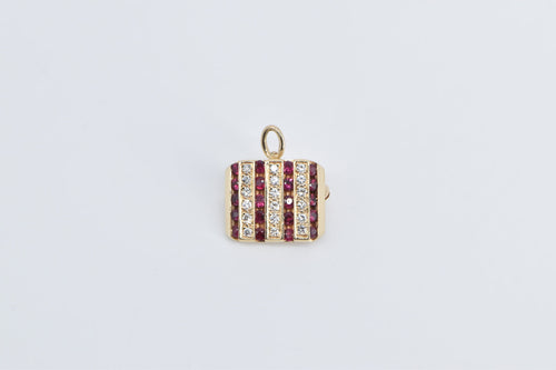 14K Diamond Ruby Vintage Striped Statement Square Pendant/Pin Yellow Gold