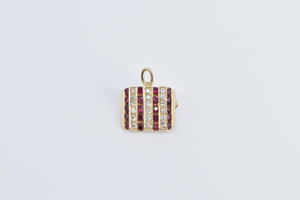 14K Diamond Ruby Vintage Striped Statement Square Pendant/Pin Yellow Gold