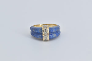 14K Carved Sodalite Diamond Striped Statement Ring Yellow Gold