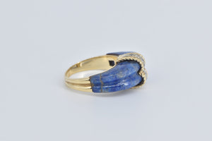 14K Carved Sodalite Diamond Striped Statement Ring Yellow Gold