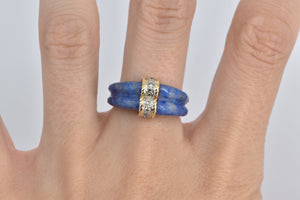 14K Carved Sodalite Diamond Striped Statement Ring Yellow Gold