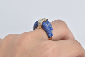 14K Carved Sodalite Diamond Striped Statement Ring Yellow Gold