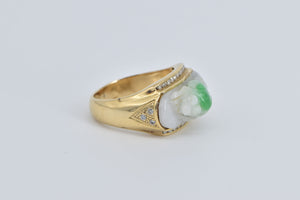 18K Carved Jade Frog Diamond Chinese Statement Ring Yellow Gold