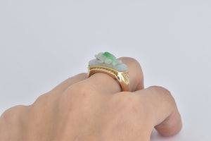 18K Carved Jade Frog Diamond Chinese Statement Ring Yellow Gold