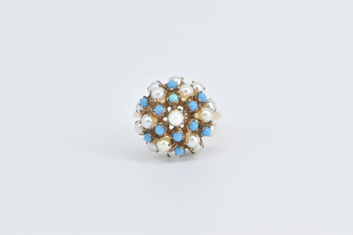 14K 1960's Seed Pearl Turquoise Domed Cocktail Ring Yellow Gold