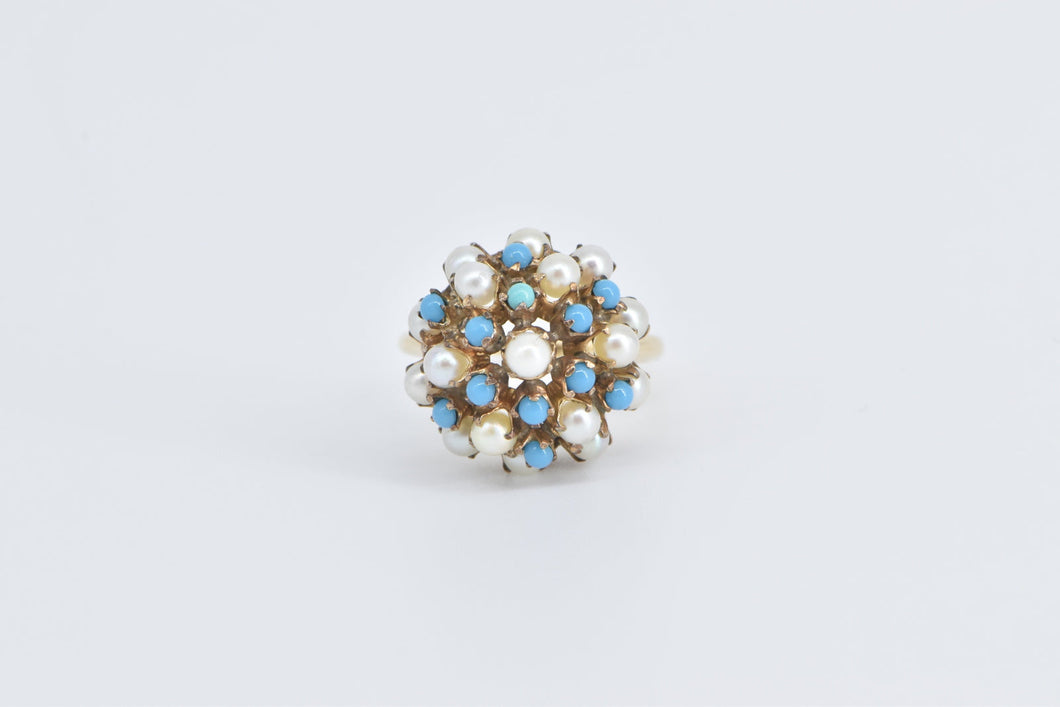 14K 1960's Seed Pearl Turquoise Domed Cocktail Ring Yellow Gold