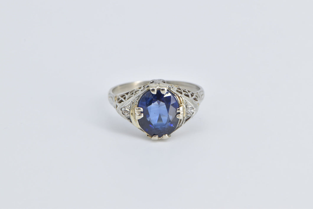 14K Oval Sapphire Diamond Filigree Statement Ring White Gold