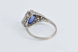 14K Oval Sapphire Diamond Filigree Statement Ring White Gold