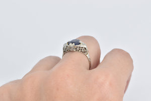 14K Oval Sapphire Diamond Filigree Statement Ring White Gold