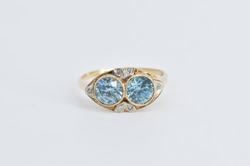 14K Victorian Blue Topaz Diamond Two Stone Ring Yellow Gold