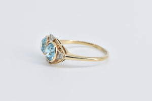 14K Victorian Blue Topaz Diamond Two Stone Ring Yellow Gold