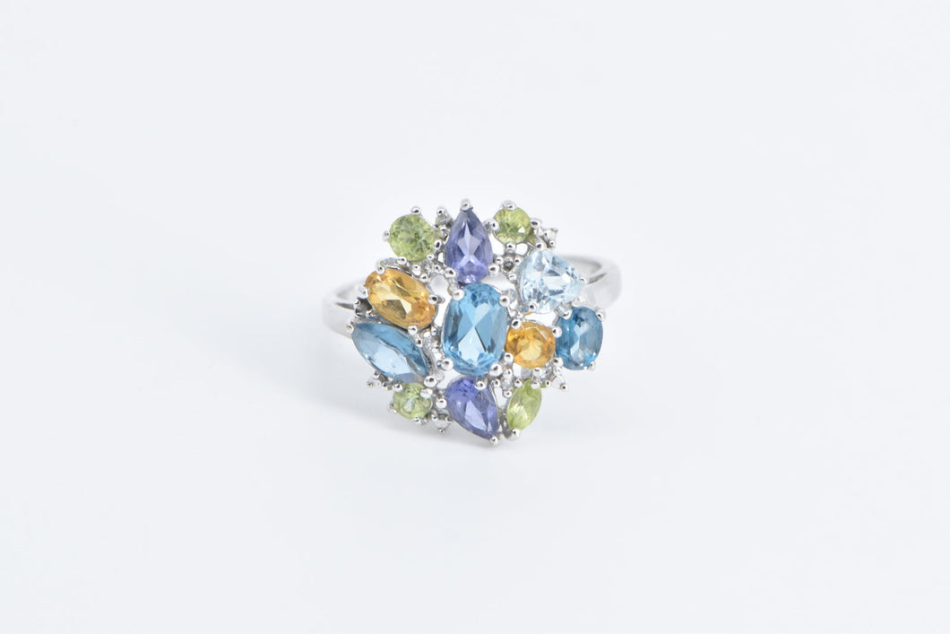 10K Blue Topaz Citrine Peridot Diamond Cluster Ring White Gold