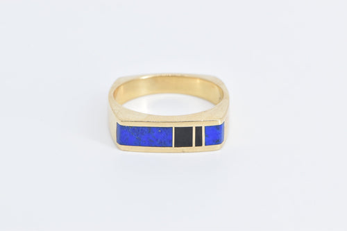 14K Squared Lapis Lazuli Inlay Men's Band Ring Yellow Gold