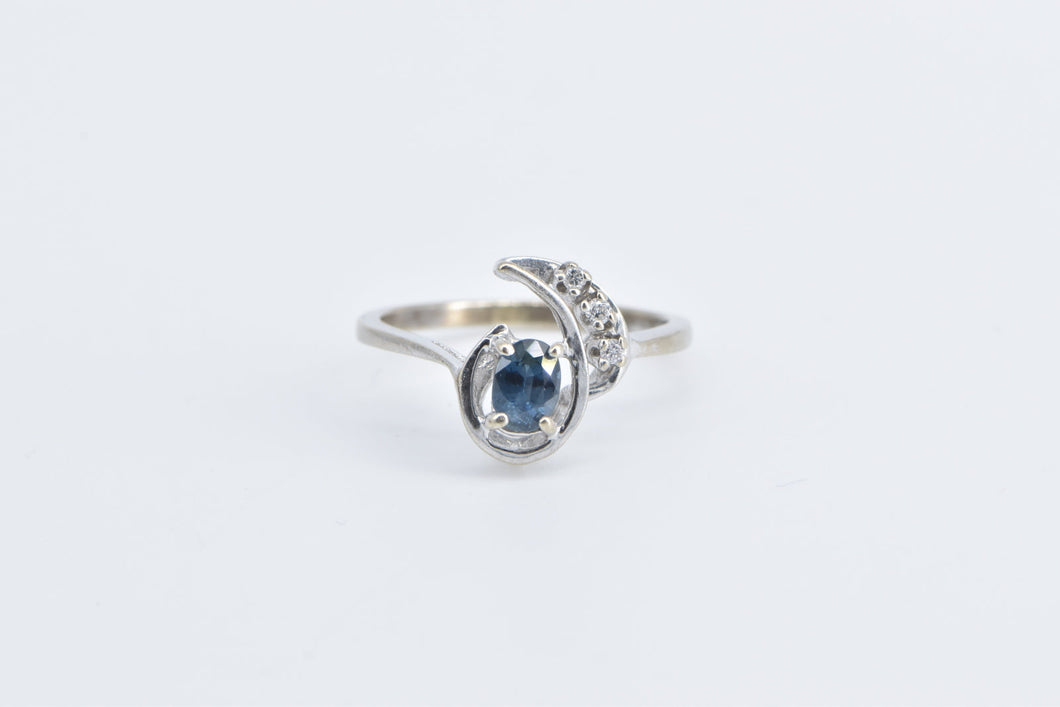 10K Oval Sapphire Diamond Wavy Engagement Ring White Gold