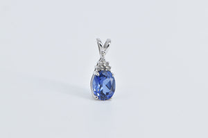 10K Oval Syn. Sapphire Diamond Cluster Statement Pendant White Gold