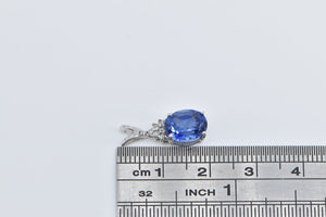 10K Oval Syn. Sapphire Diamond Cluster Statement Pendant White Gold