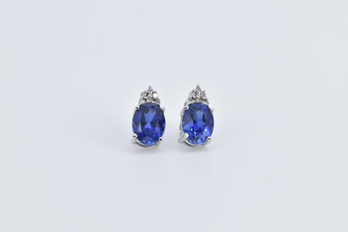 10K Oval Syn. Sapphire Diamond Cluster Stud Earrings White Gold