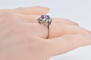 14K Oval Amethyst Diamond Halo Swirl Cluster Ring White Gold