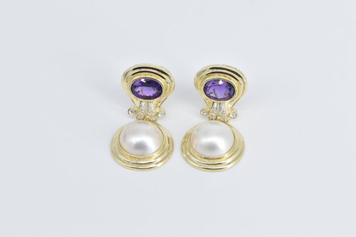 14K Amethyst Pearl Diamond Dangle French Clip Earrings Yellow Gold