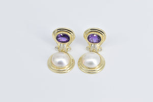 14K Amethyst Pearl Diamond Dangle French Clip Earrings Yellow Gold