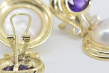 Load image into Gallery viewer, 14K Amethyst Pearl Diamond Dangle French Clip Earrings Yellow Gold