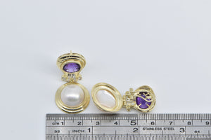 14K Amethyst Pearl Diamond Dangle French Clip Earrings Yellow Gold