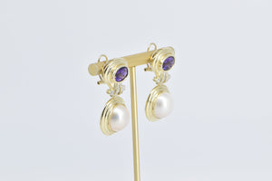 14K Amethyst Pearl Diamond Dangle French Clip Earrings Yellow Gold