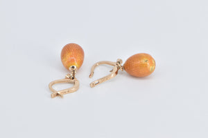 14K Antique Orange Enamel Faberge Egg Dangle Earrings Yellow Gold