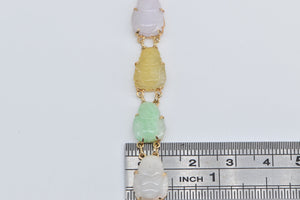 14K Jadeite Carved Buddha Multi Color Stone Chain Bracelet 7" Yellow Gold