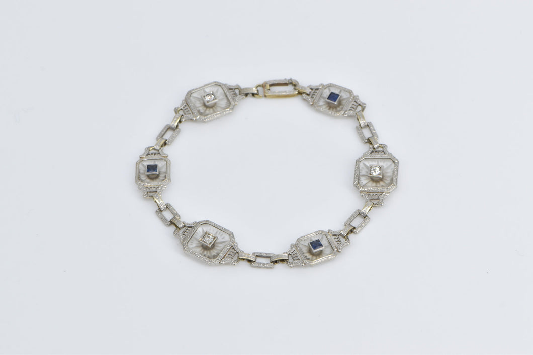 14K Art Deco Diamond Camphor Glass Syn Sapphire Bracelet 7