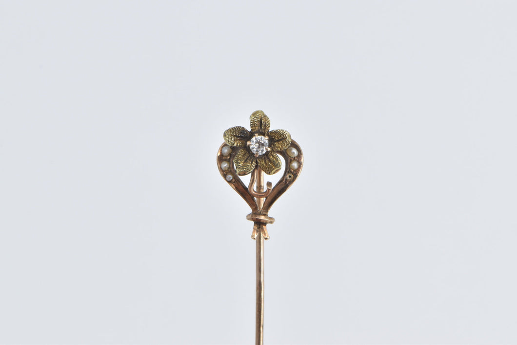 10K Victorian Seed Pearl Diamond Flower Daisy Stick Pin Yellow Gold