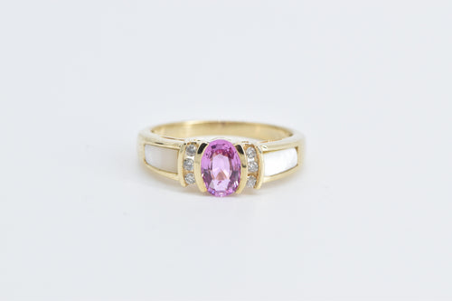 10K Oval Pink Sapphire Diamond Mother of Pearl Ring Yellow Gold