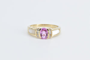 10K Oval Pink Sapphire Diamond Mother of Pearl Ring Yellow Gold