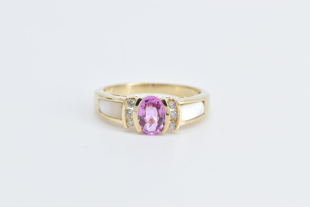 10K Oval Pink Sapphire Diamond Mother of Pearl Ring Yellow Gold