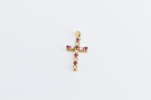 14K Diamond Ruby Cross Christian Faith Symbol Pendant Yellow Gold