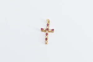 14K Diamond Ruby Cross Christian Faith Symbol Pendant Yellow Gold