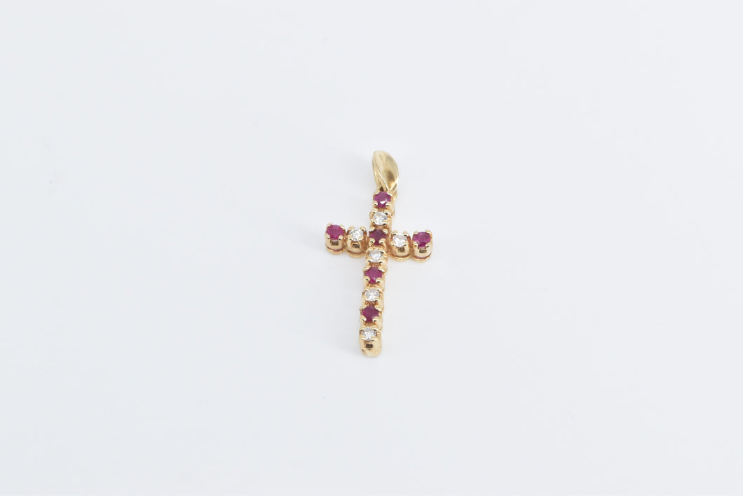 14K Diamond Ruby Cross Christian Faith Symbol Pendant Yellow Gold