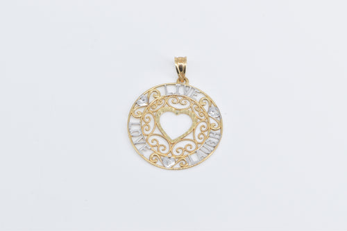 10K Heart Live Laugh Love Filigree Round Charm/Pendant Yellow Gold