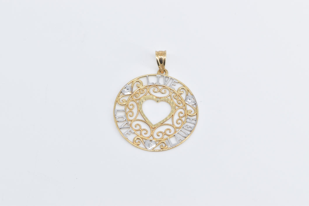 10K Heart Live Laugh Love Filigree Round Charm/Pendant Yellow Gold