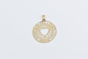 10K Heart Live Laugh Love Filigree Round Charm/Pendant Yellow Gold