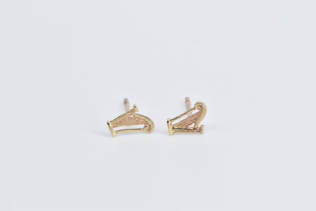 14K Harp Musical Instrument Vintage Fashion Stud Earrings Yellow Gold