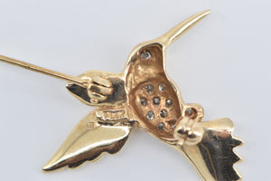 14K Pave Diamond Encrusted Hummingbird Pin/Brooch Yellow Gold