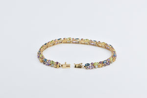 14K Rainbow Gemstone Diamond Fashion Tennis Bracelet 7.5" Yellow Gold