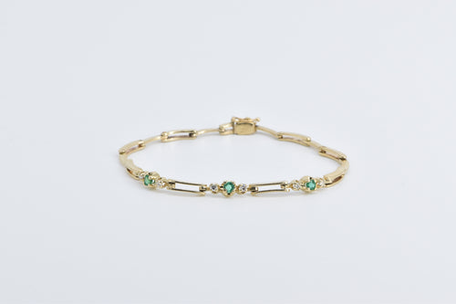 14K Vintage Emerald Diamond Accent Bar Link Bracelet 6.75