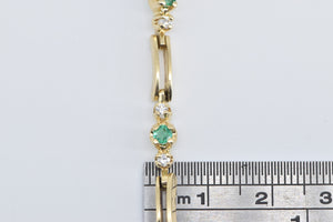 14K Vintage Emerald Diamond Accent Bar Link Bracelet 6.75" Yellow Gold