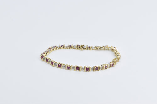 14K Ruby Diamond Vintage Wavy Link Tennis Bracelet 7.75